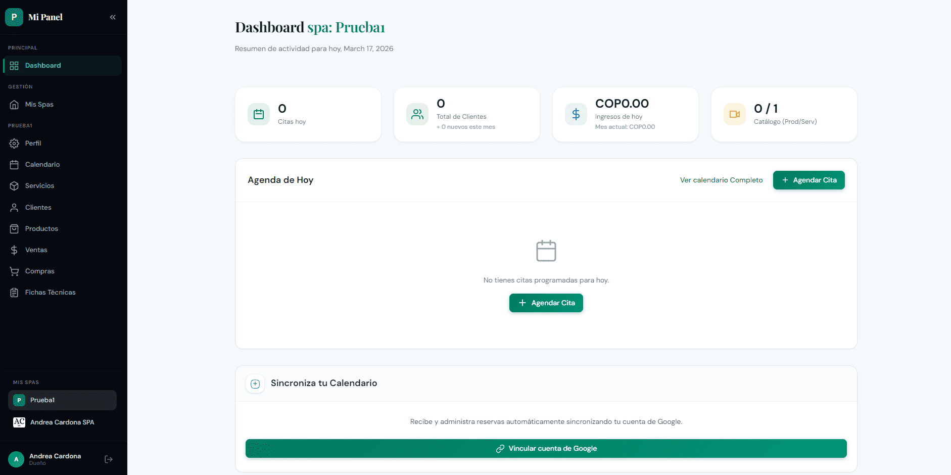 Dashboard principal de VitalBook con métricas de citas, clientes e ingresos del spa
